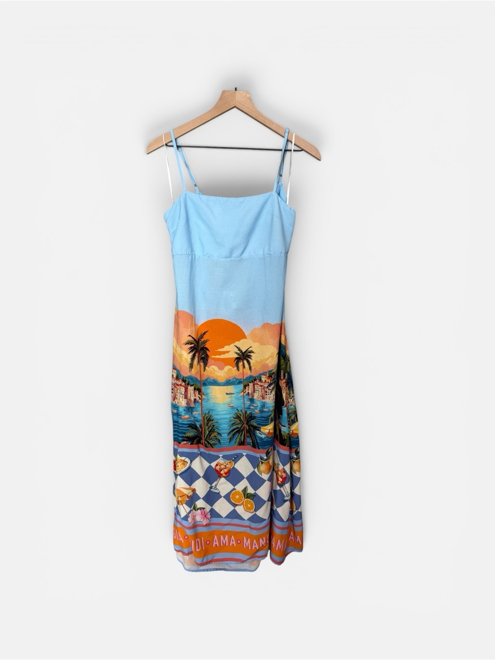 Paper Heart Amalfi Coast Scenic Print Tie Back Midi Dress Size Large